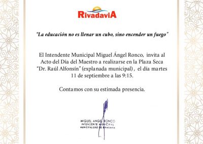 Invitación por el “Día del Maestro” en Rivadavia